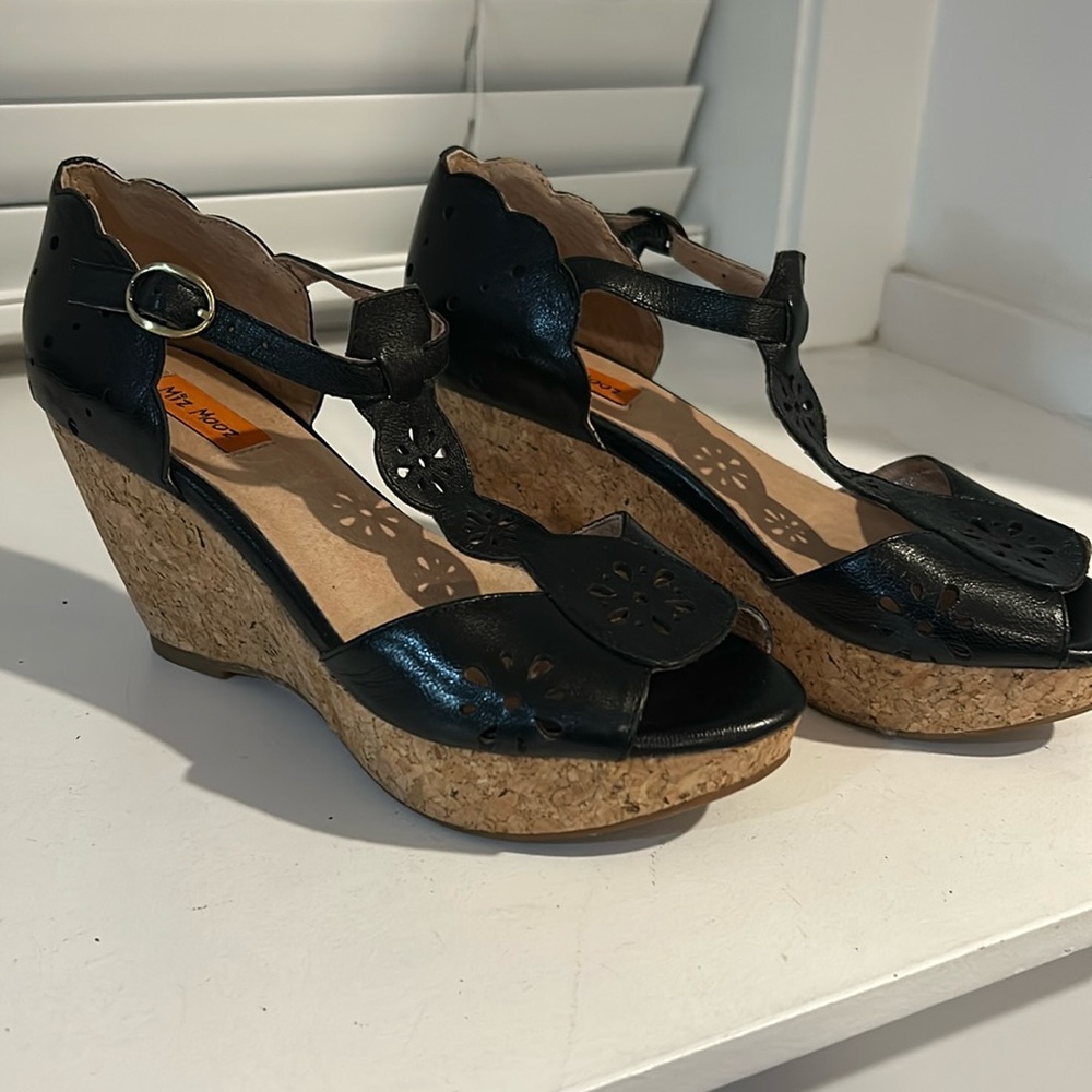 Miz Mooz Size 7 Black Leather wedge sandals.